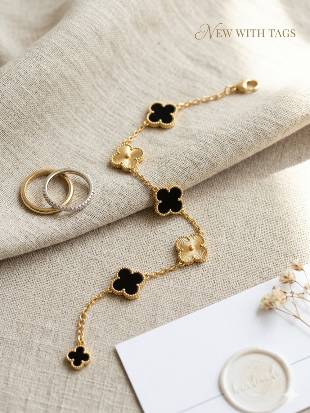 Gold & Black 5 Motif Clover Chain Bracelet | Stainless Steel | 7.5" + Extender